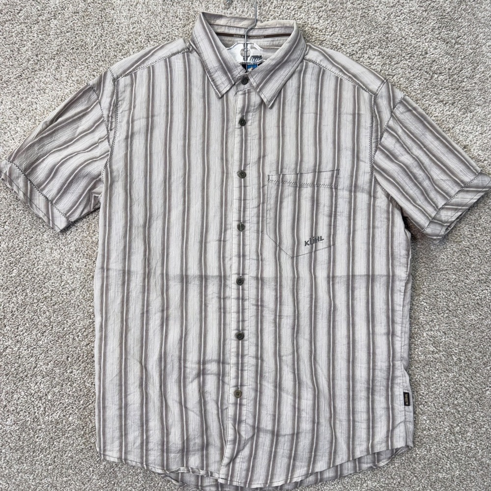 Kuhl Shirt Mens M Short Sleeve Striped Brown Button Down EUC